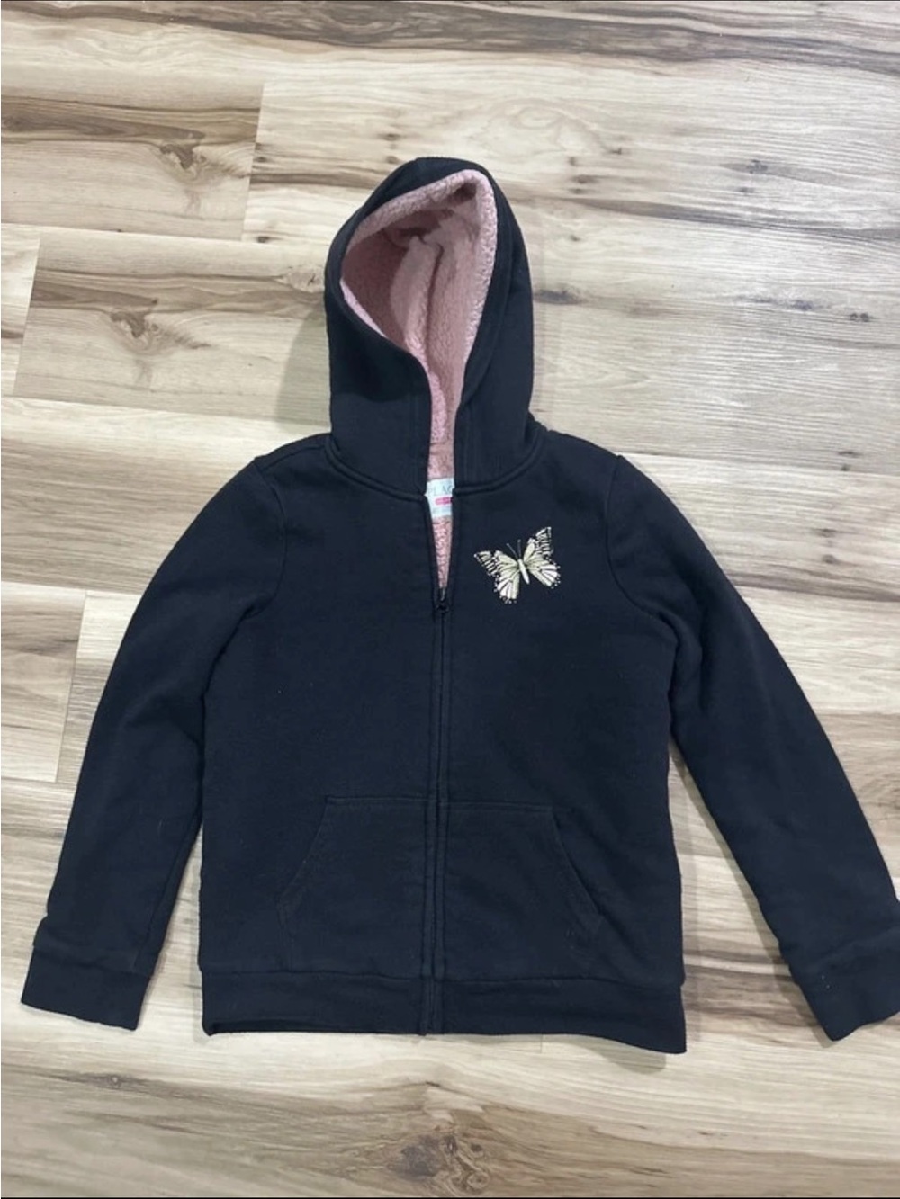 The Children's Place Black Zip Hoodie with Pink Sherpa Hood & Butterfly
